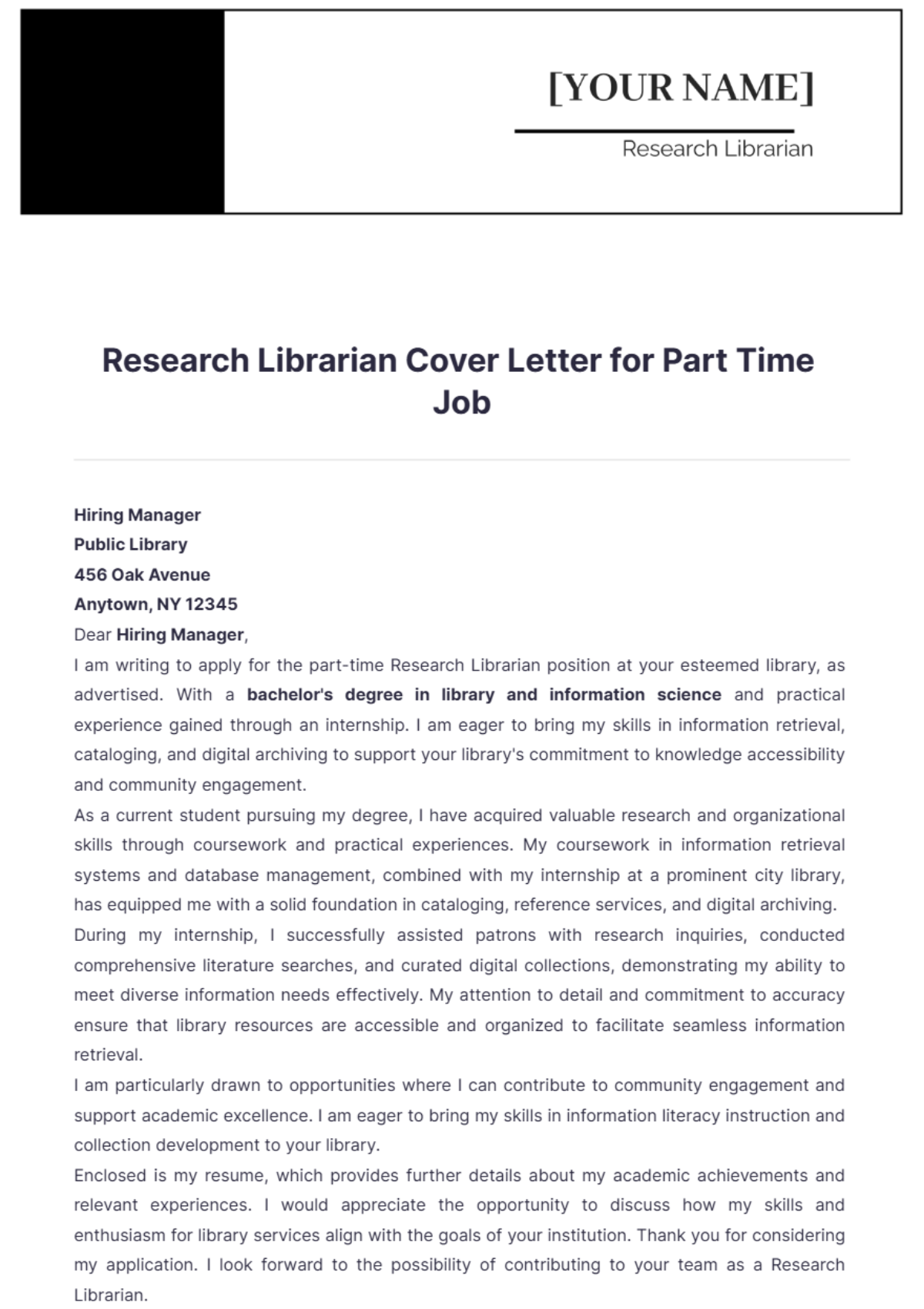 Research Librarian Cover Letter for Part Time Job