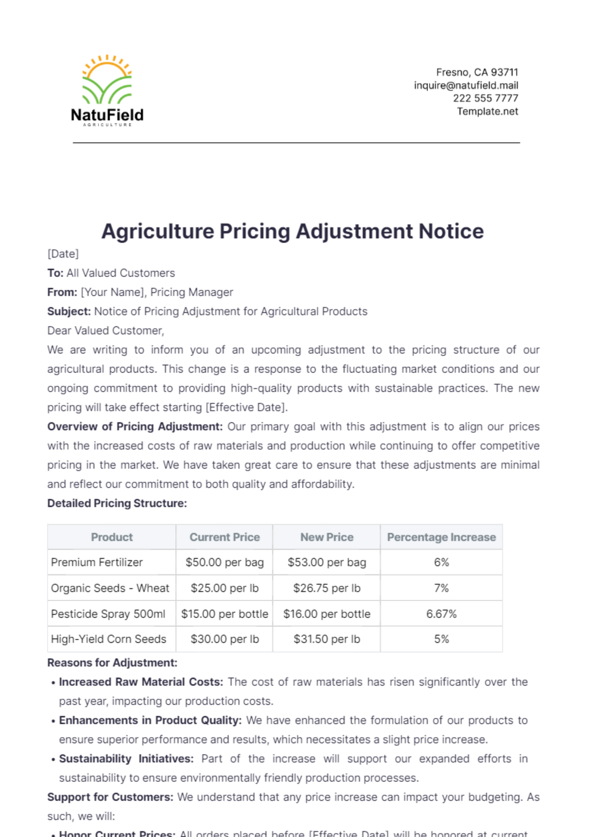 Agriculture Pricing Adjustment Notice Template