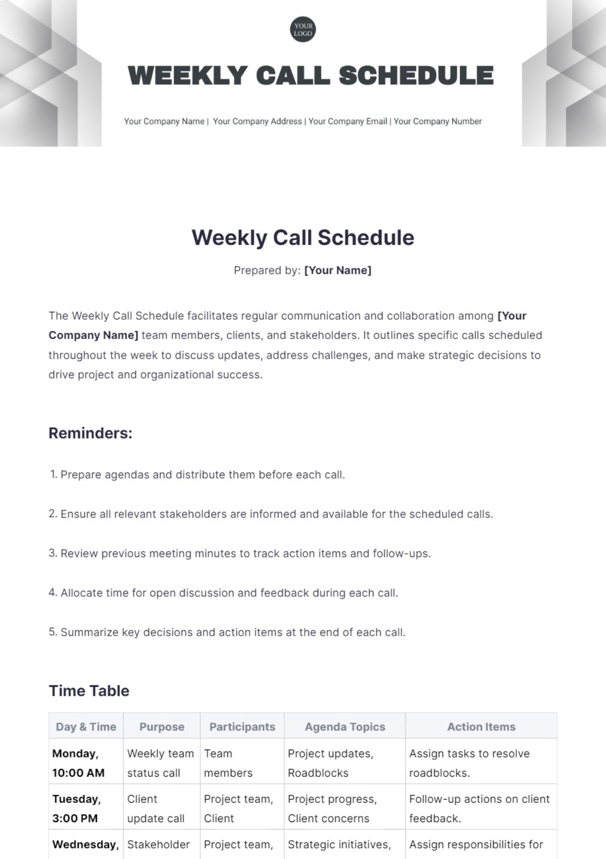 Weekly Call Schedule Template - Edit Online & Download