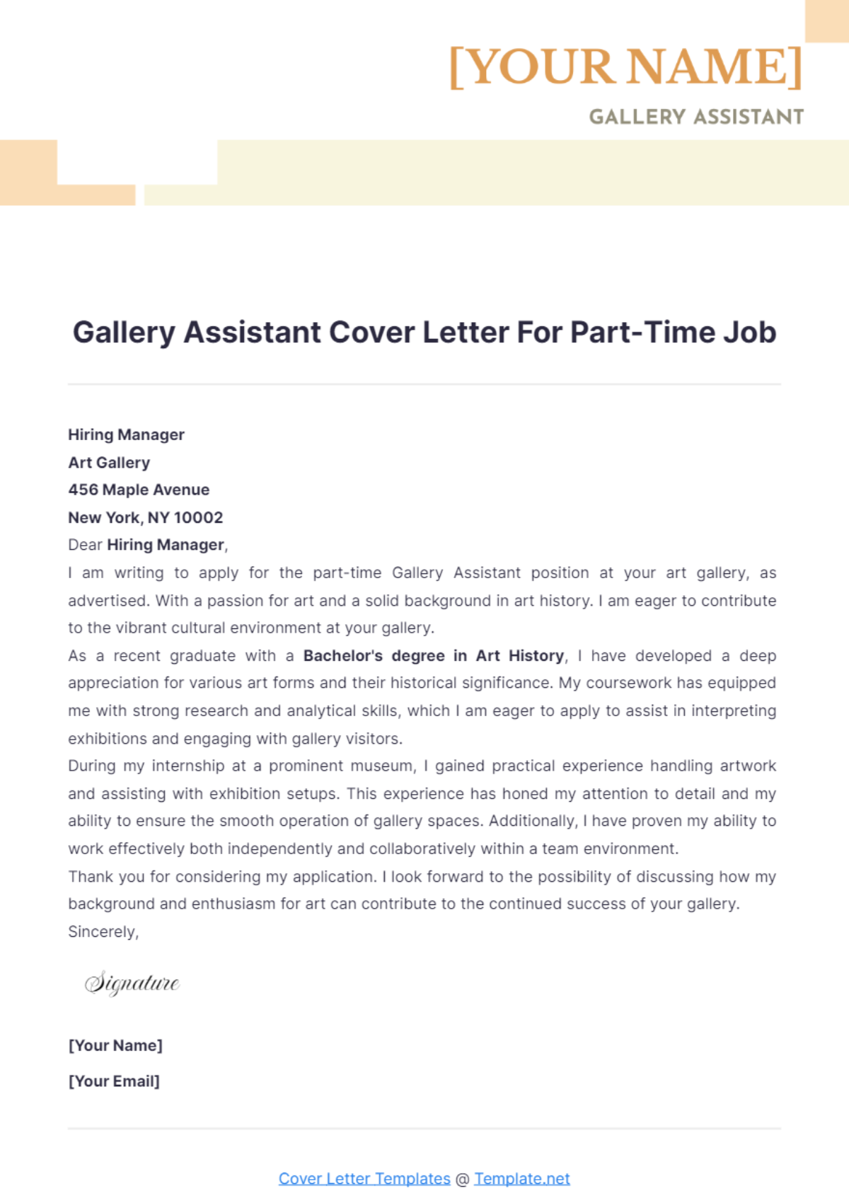 Gallery Assistant Cover Letter For Part Time Job