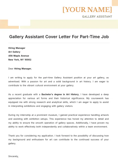 Free Gallery Assistant Cover Letter For Part Time Job to Edit Online
