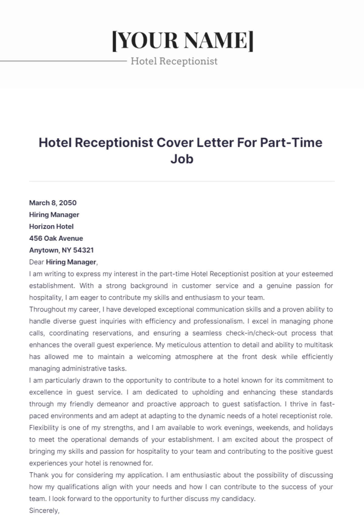 Hotel Receptionist Cover Letter For Part Time Job - Edit Online & Download