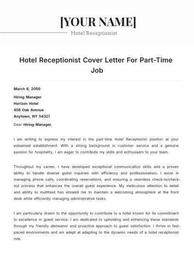 Free Hotel Receptionist Cover Letter For Part Time Job to Edit Online