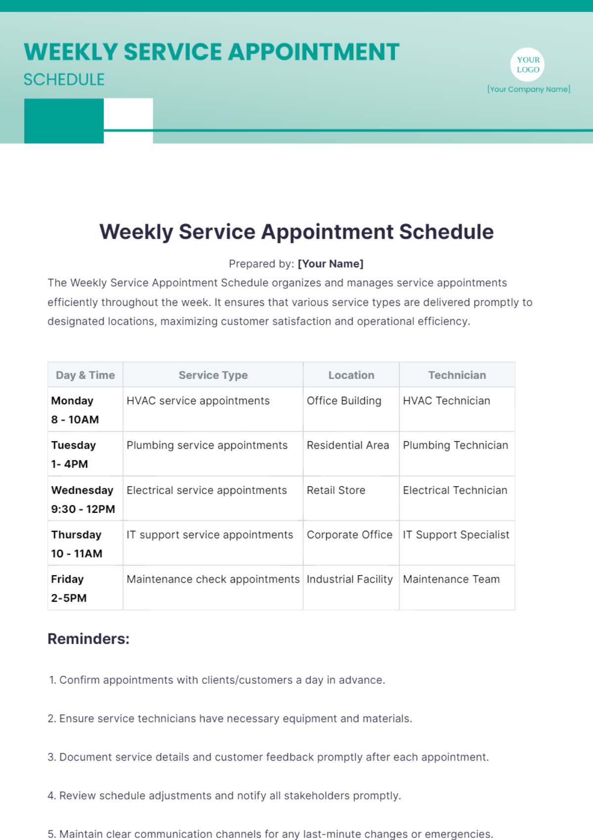 Weekly Service Appointment Schedule Template - Edit Online & Download