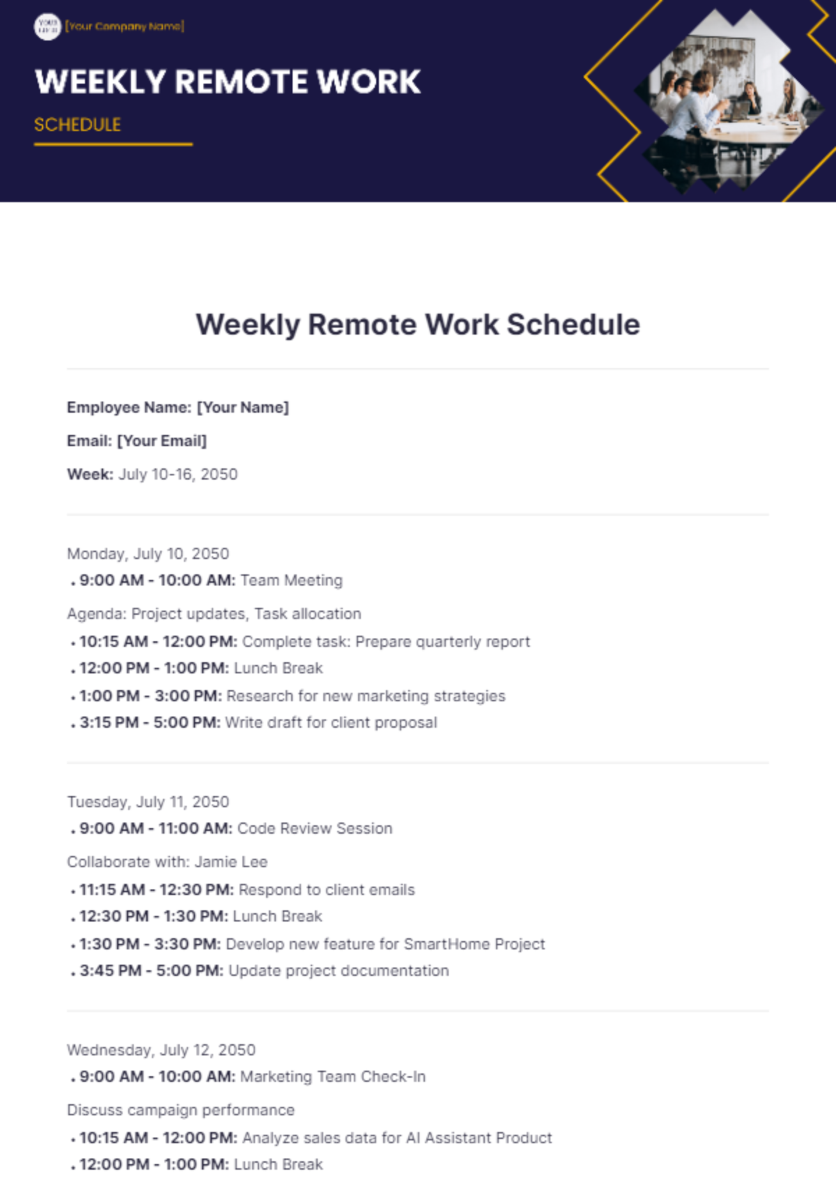 Weekly Remote Work Schedule Template - Edit Online & Download