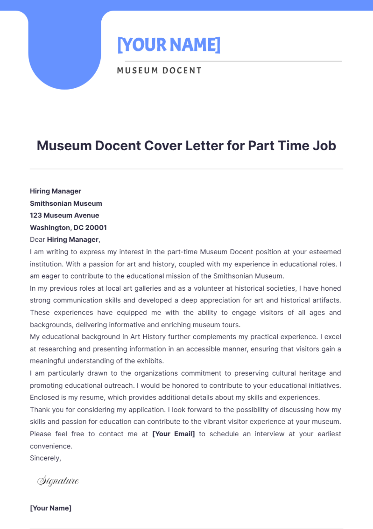 Museum Docent Cover Letter for Part Time Job