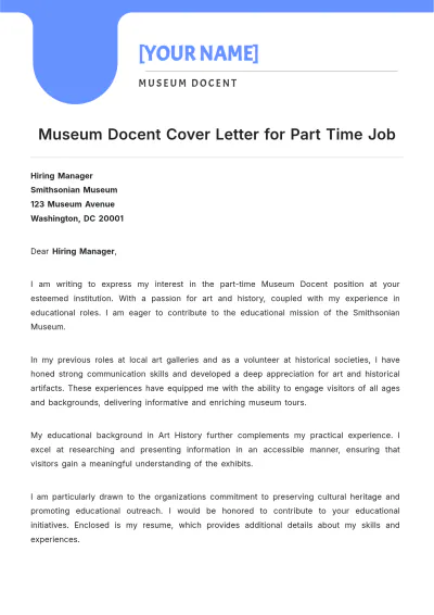 Free Museum Docent Cover Letter for Part Time Job to Edit Online