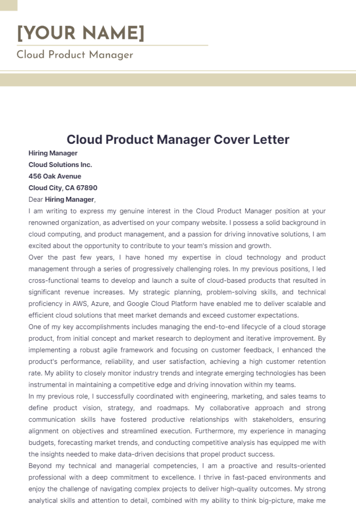 Cloud Product Manager Cover Letter - Edit Online & Download