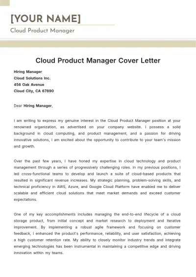 Free Cloud Product Manager Cover Letter to Edit Online