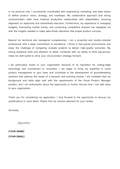 Free Cloud Product Manager Cover Letter to Edit Online