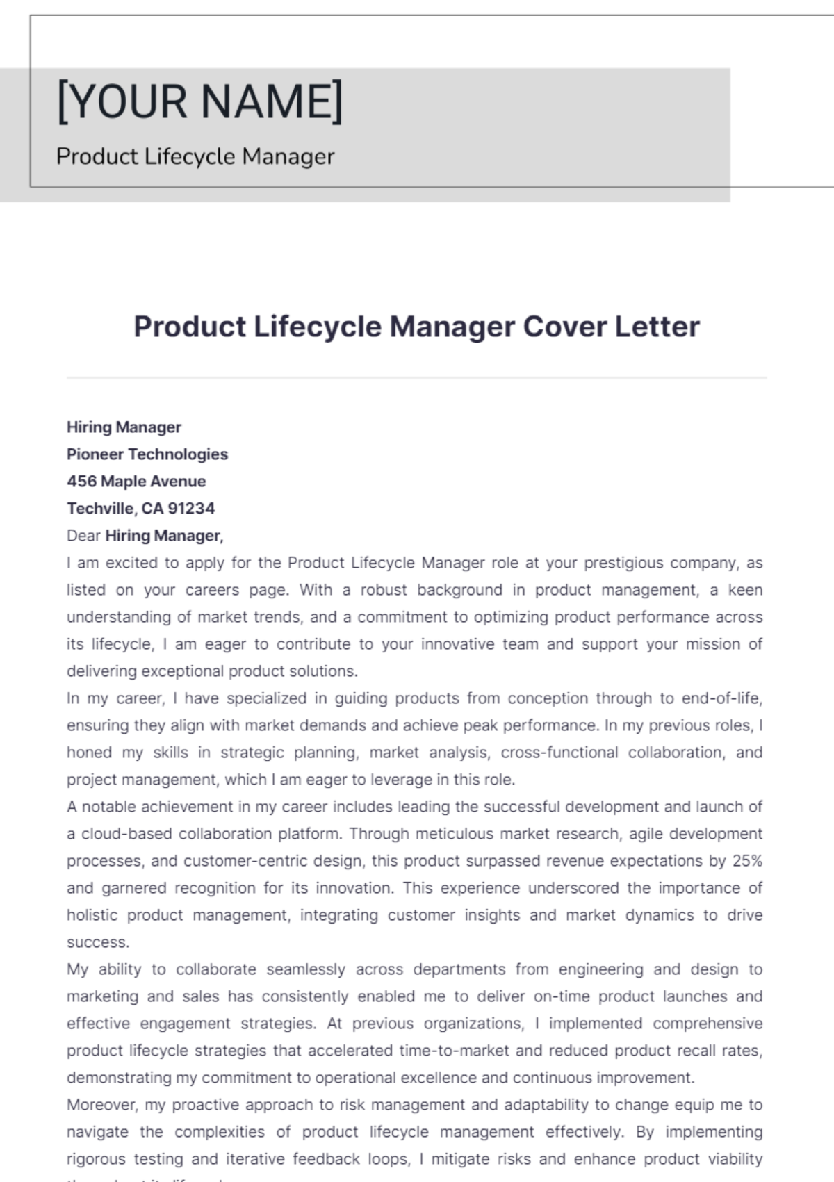 Product Lifecycle Manager Cover Letter