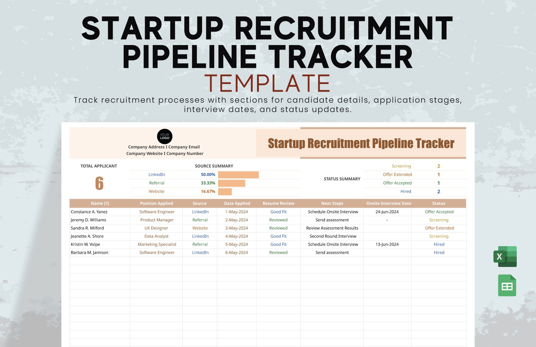 Startup Recruitment Pipeline Tracker Template in Excel, Google Sheets