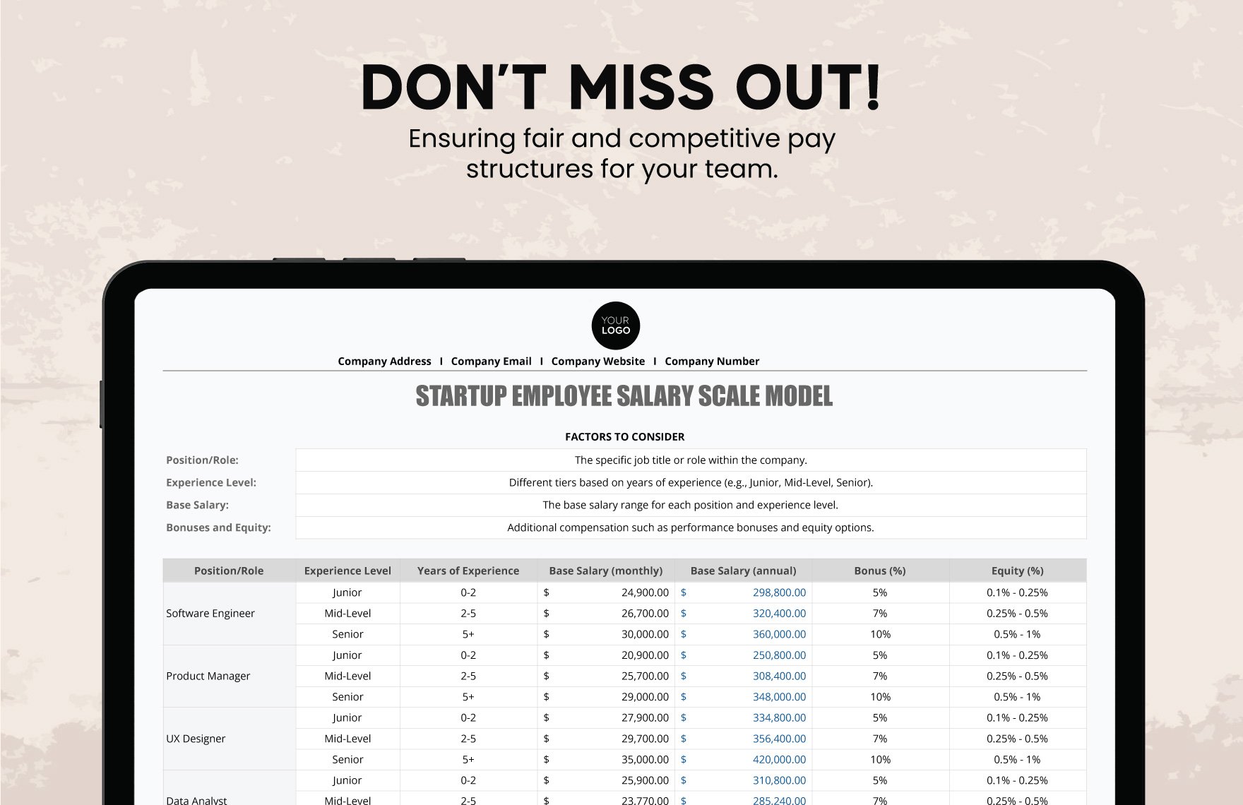 Startup Employee Salary Scale Model Template