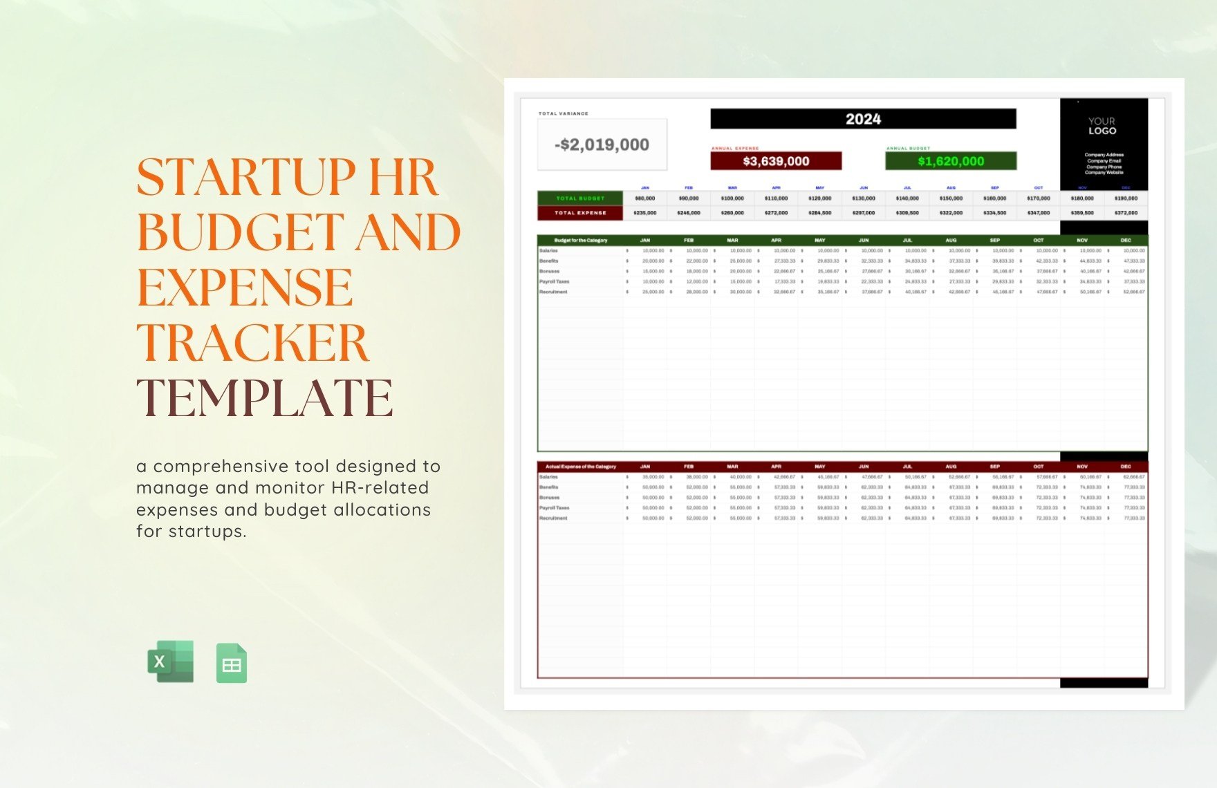 Startup HR Budget and Expense Tracker Template in Excel, Google Sheets