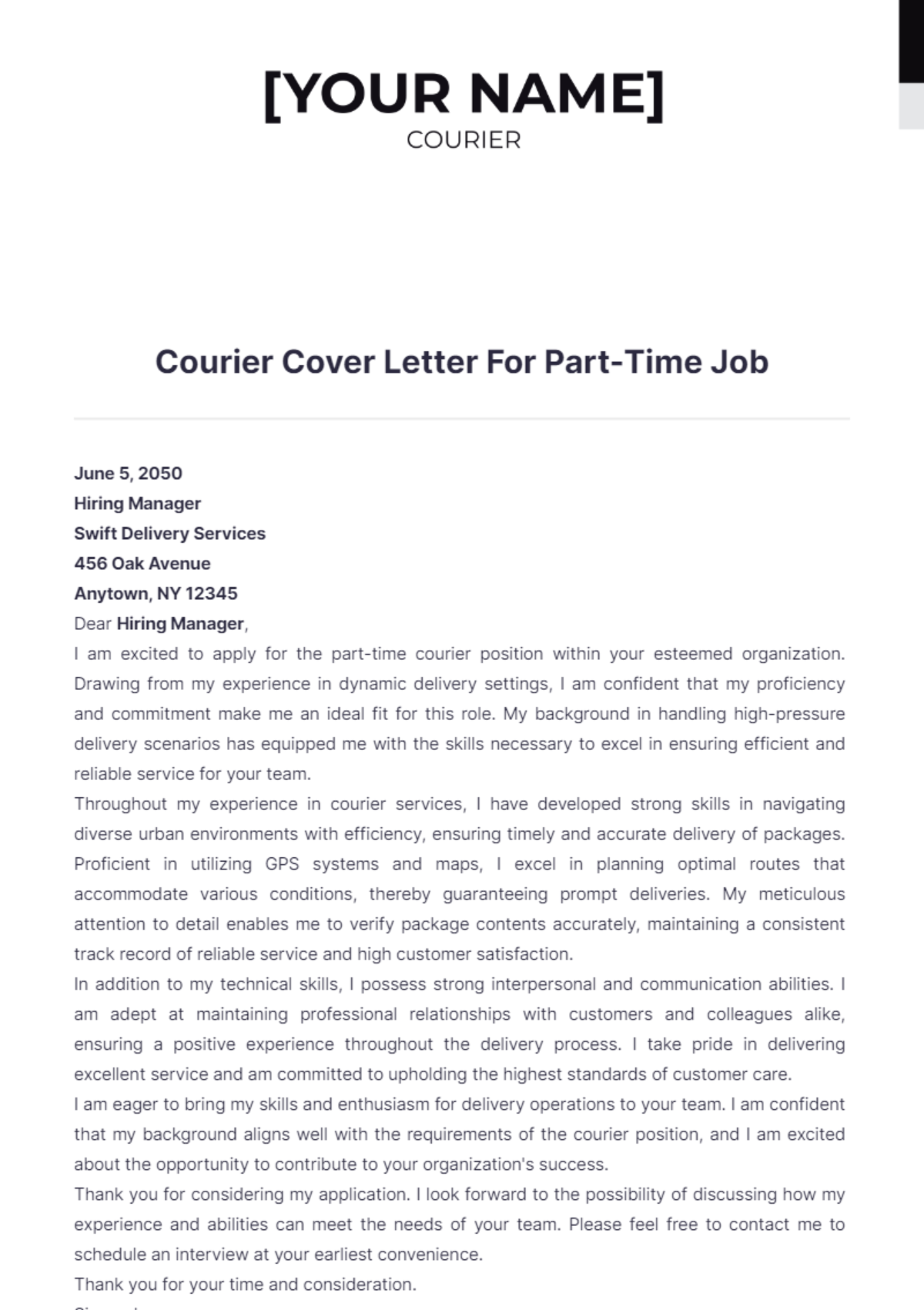 Courier Cover Letter For Part Time Job