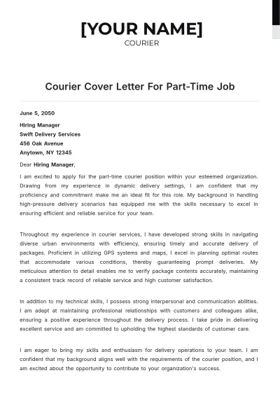 Free Courier Cover Letter For Part Time Job to Edit Online