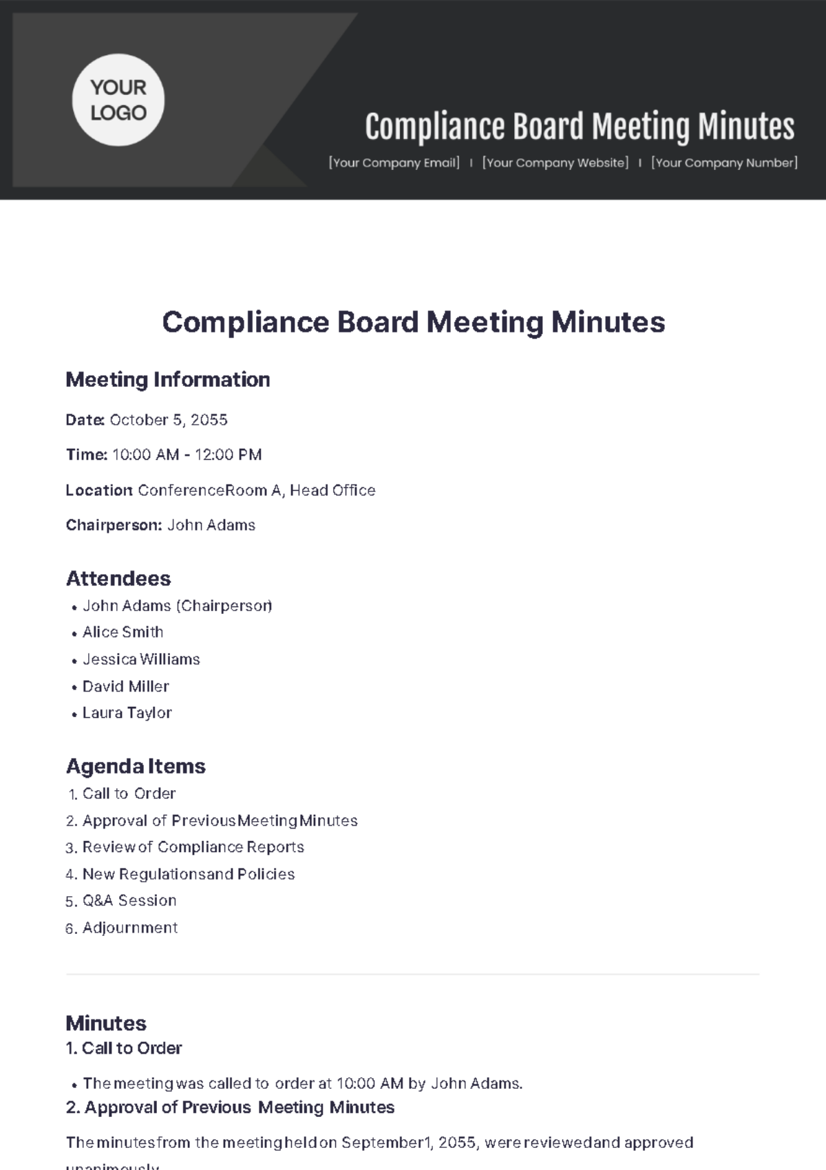 Compliance Board Meeting Minutes Template - Edit Online & Download