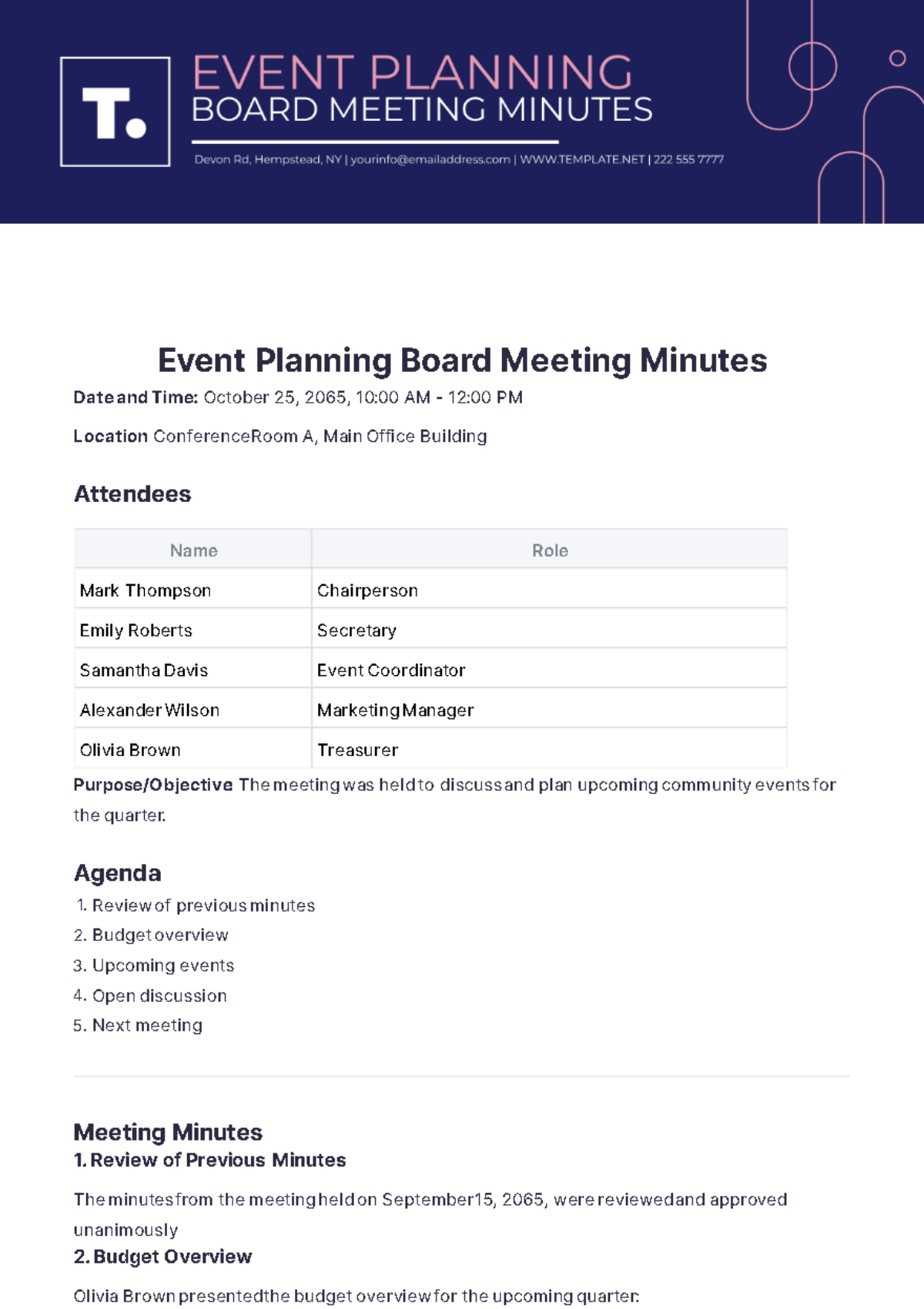 Event Planning Board Meeting Minutes Template - Edit Online & Download