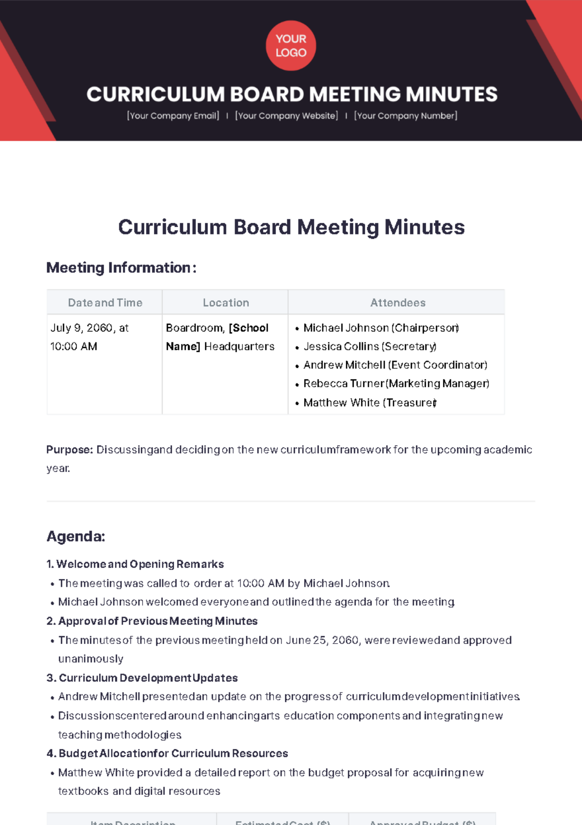 Curriculum Board Meeting Minutes Template - Edit Online & Download