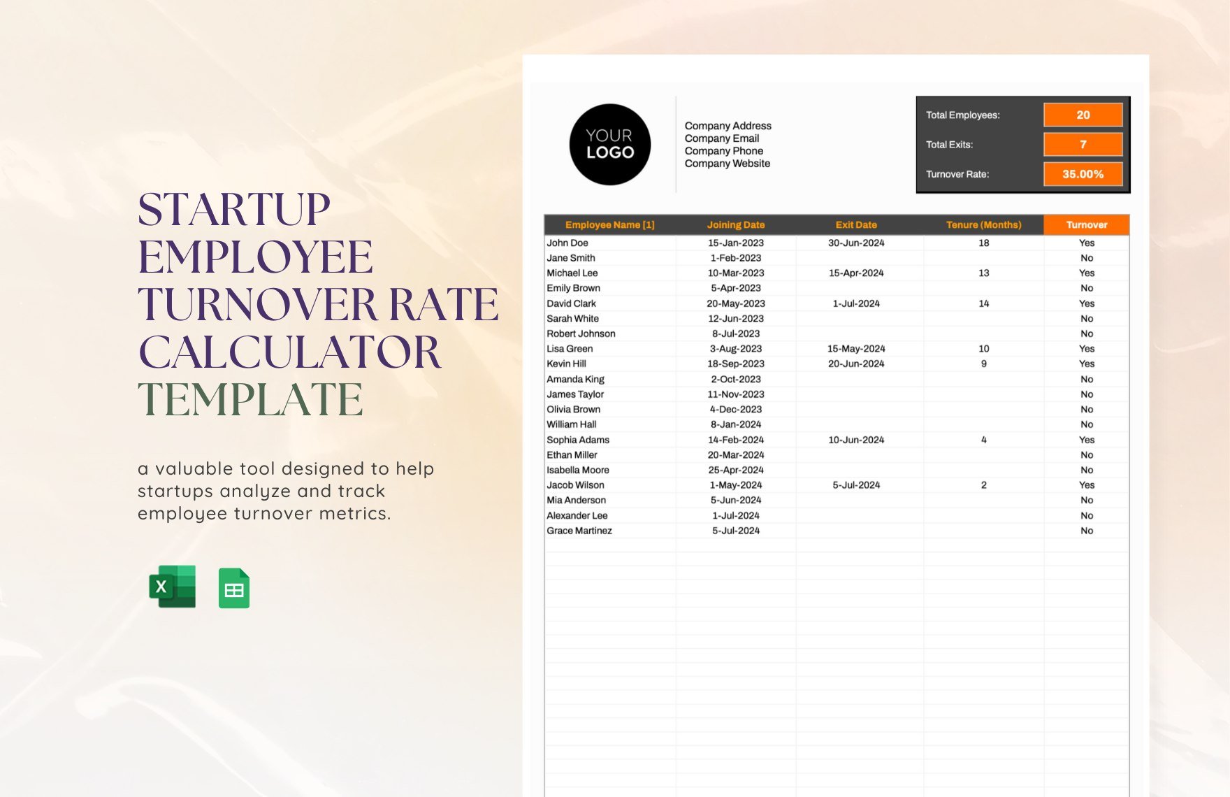 Startup Employee Turnover Rate Calculator Template in Excel, Google Sheets