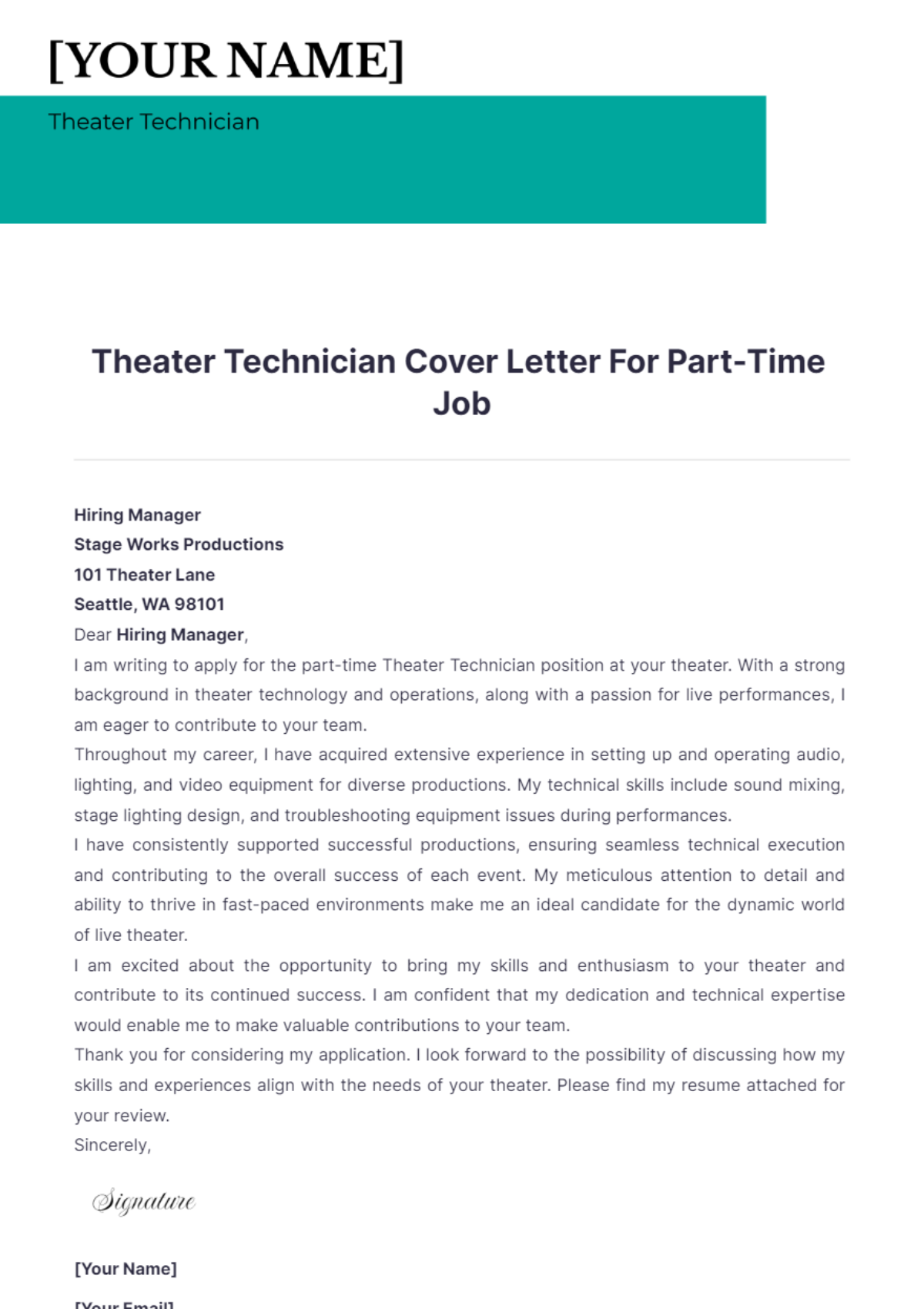 Theater Technician Cover Letter For Part Time Job