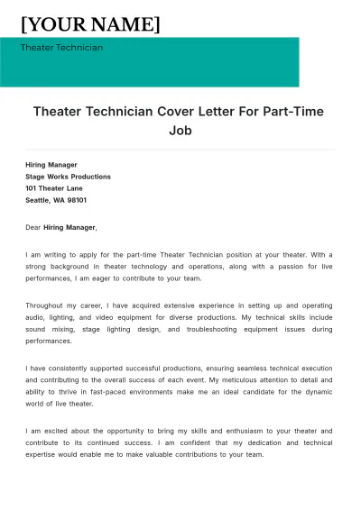 Free Theater Technician Cover Letter For Part Time Job to Edit Online