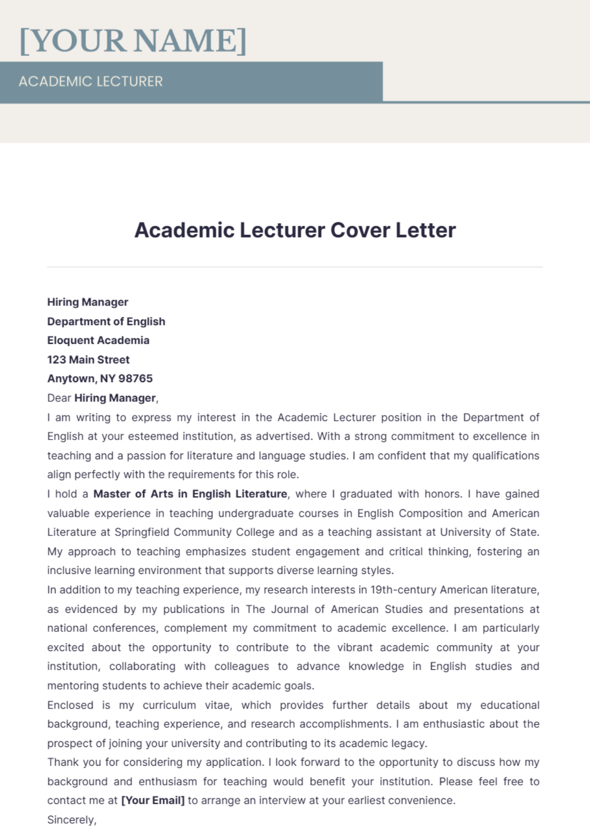 academic lecturer cover letter