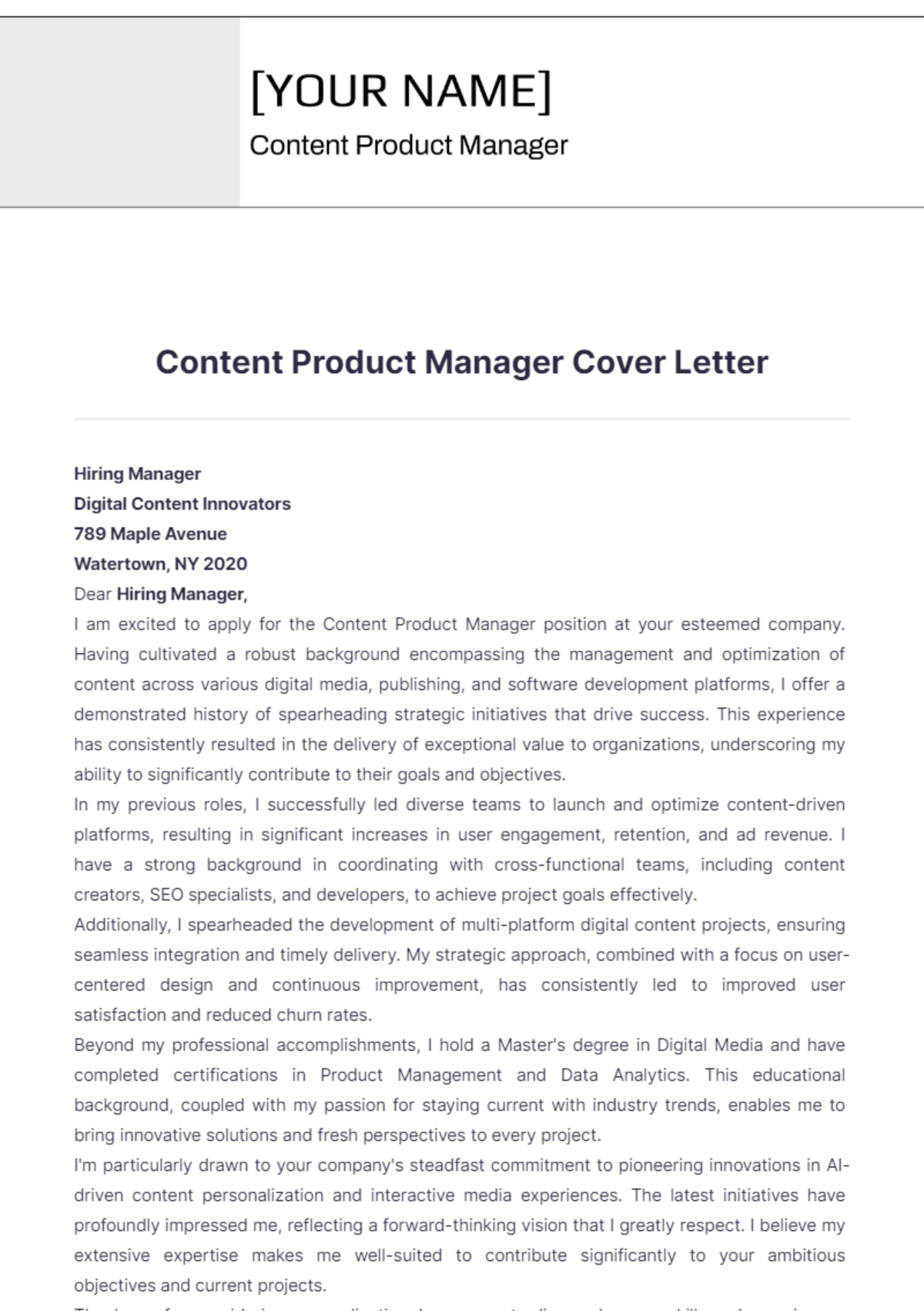 Content Product Manager Cover Letter