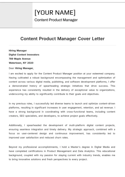 Free Content Product Manager Cover Letter to Edit Online