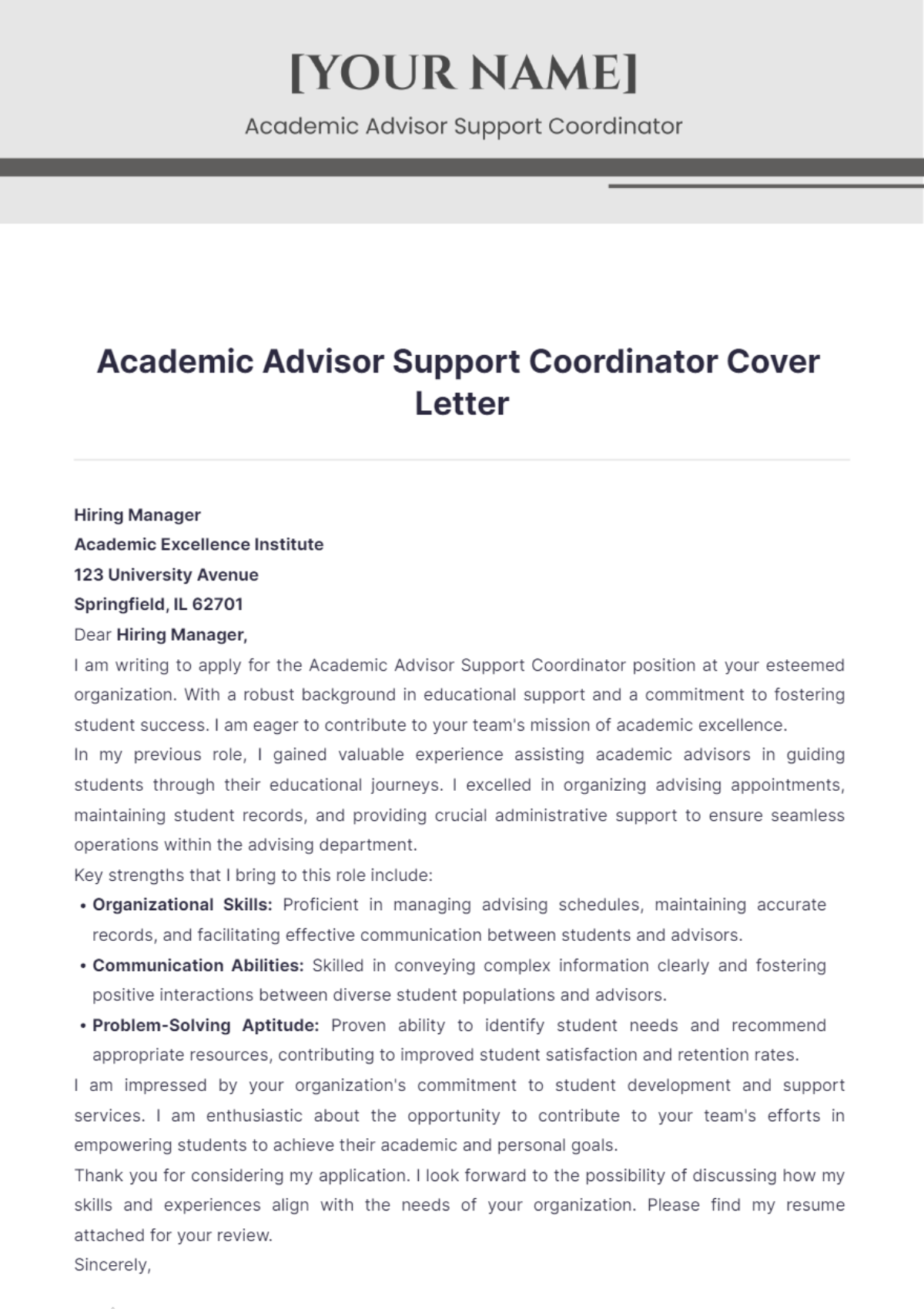 Academic Advisor Support Coordinator Cover Letter - Edit Online & Download