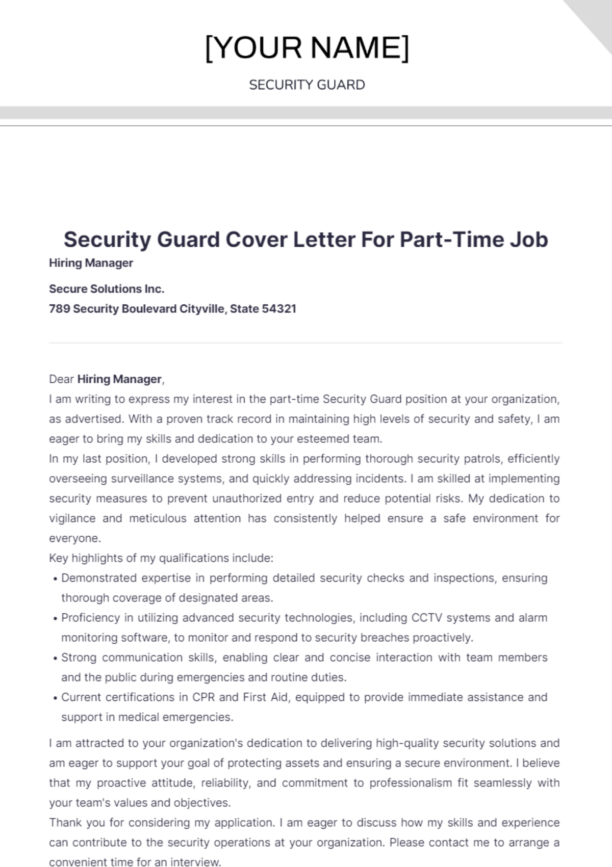 Security Guard Cover Letter For Part Time Job