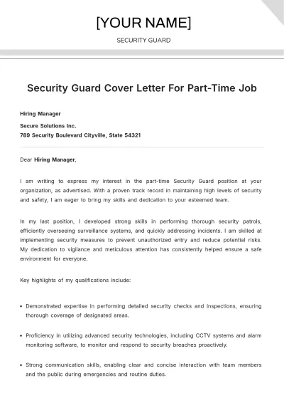 Free Security Guard Cover Letter For Part Time Job to Edit Online