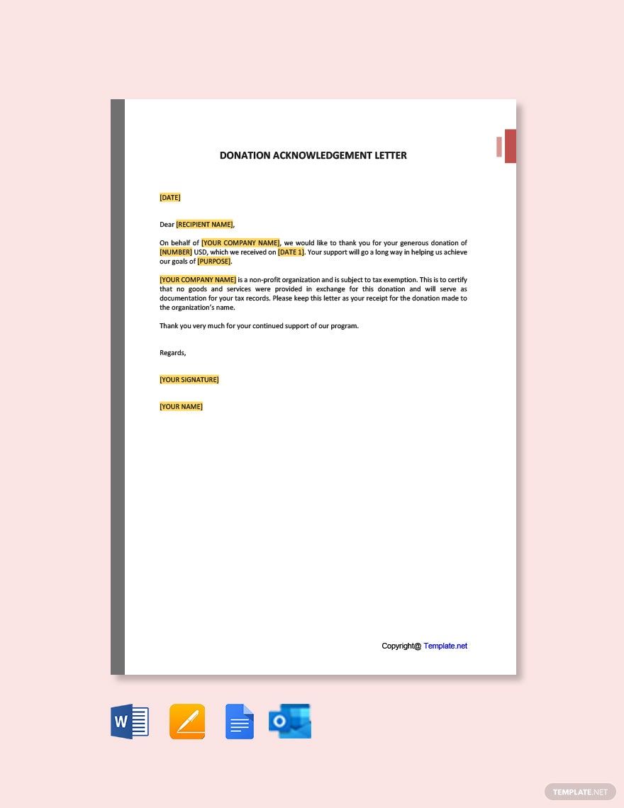 Donation Acknowledgement Letter Sample Template in Word, Google Docs, PDF, Apple Pages, Outlook