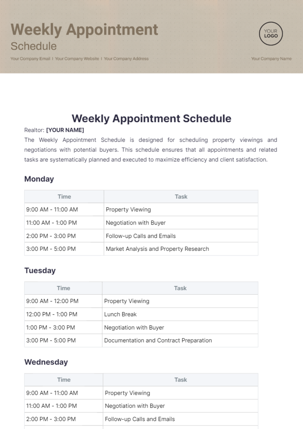 Weekly Appointment Schedule Template - Edit Online & Download