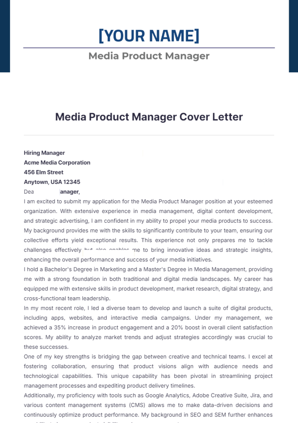 Media Product Manager Cover Letter