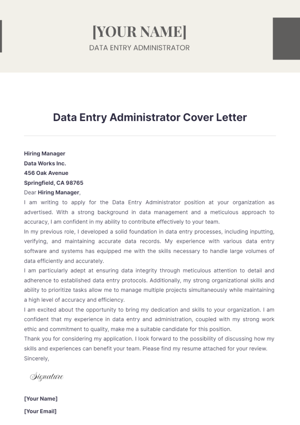 Data Entry Administrator Cover Letter