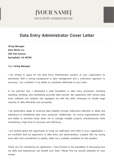 Free Data Entry Administrator Cover Letter to Edit Online