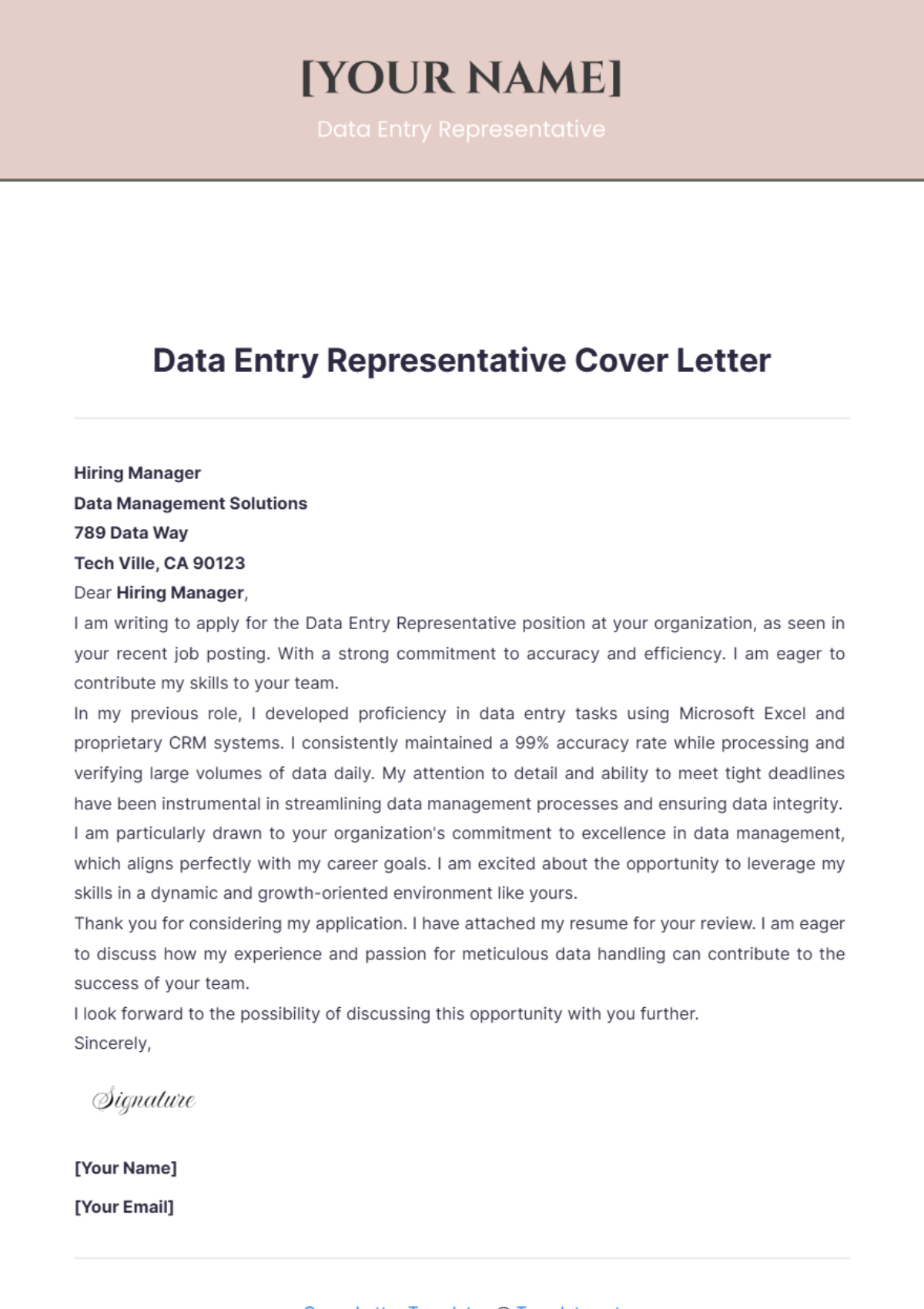 Data Entry Representative Cover Letter