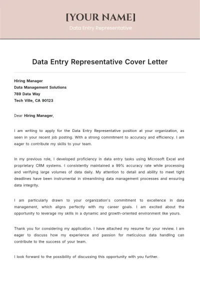 Free Data Entry Representative Cover Letter to Edit Online