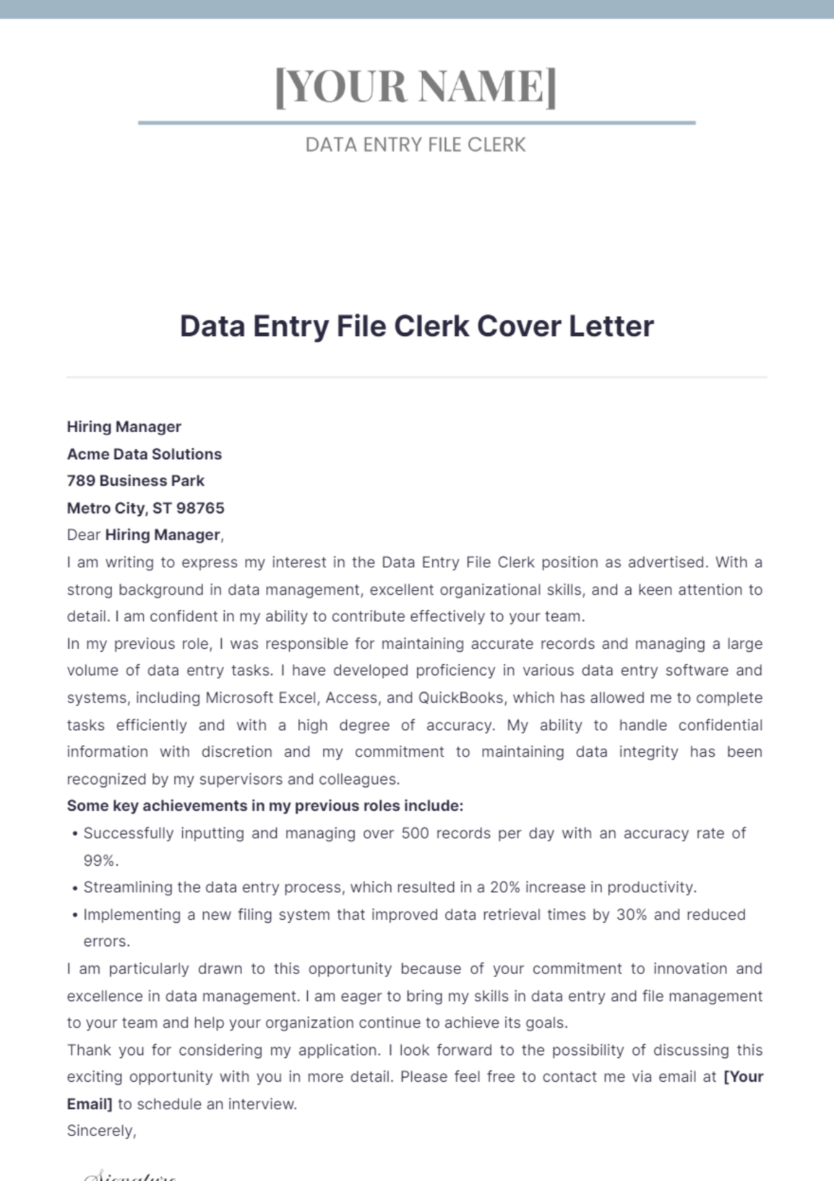 Data Entry File Clerk Cover Letter