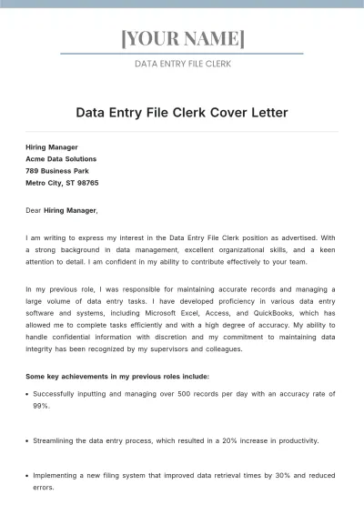 Free Data Entry File Clerk Cover Letter to Edit Online