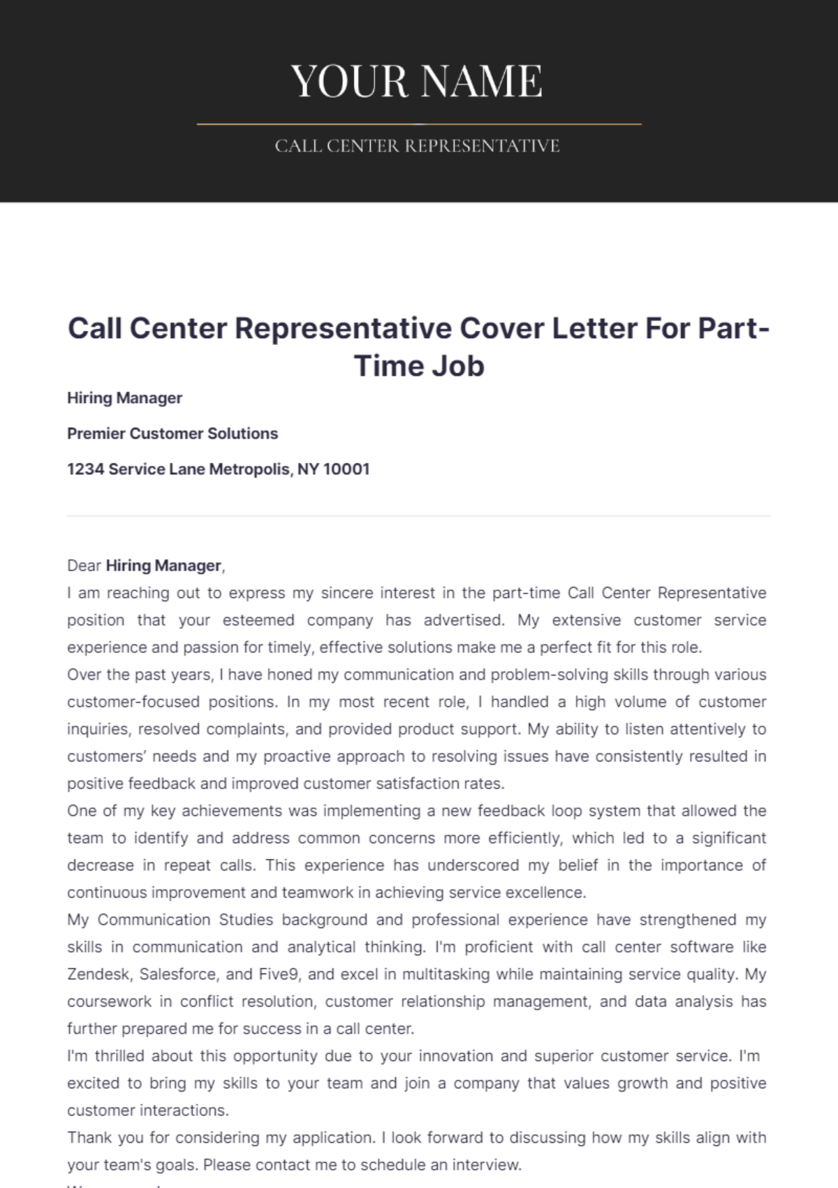 Call Center Representative Cover Letter For Part Time Job