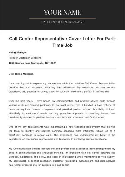 Free Call Center Representative Cover Letter For Part Time Job to Edit Online