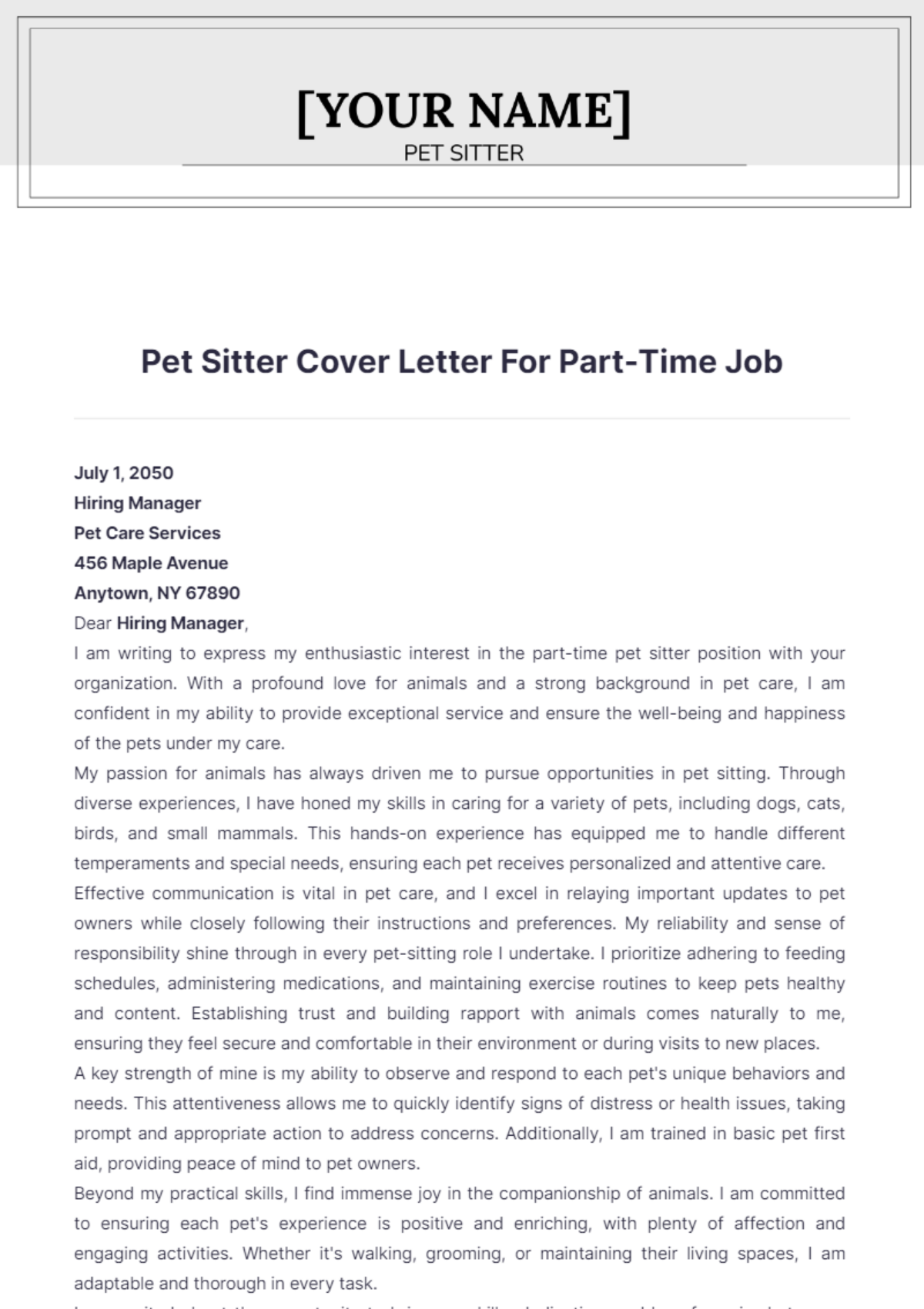 Pet Sitter Cover Letter For Part Time Job