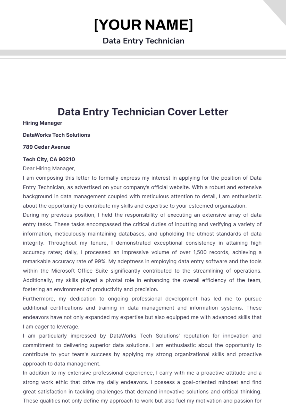 Data Entry Technician Cover Letter