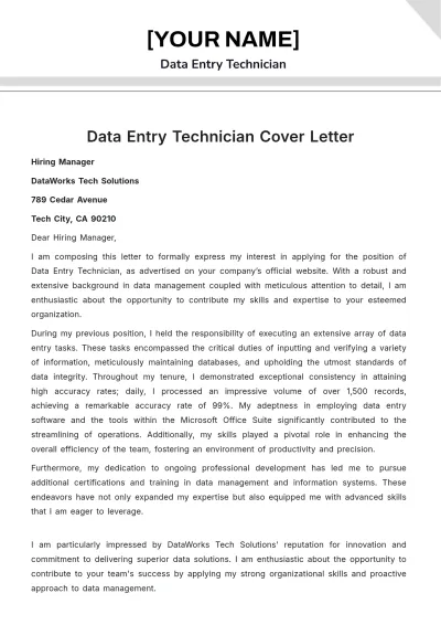 Free Data Entry Technician Cover Letter to Edit Online