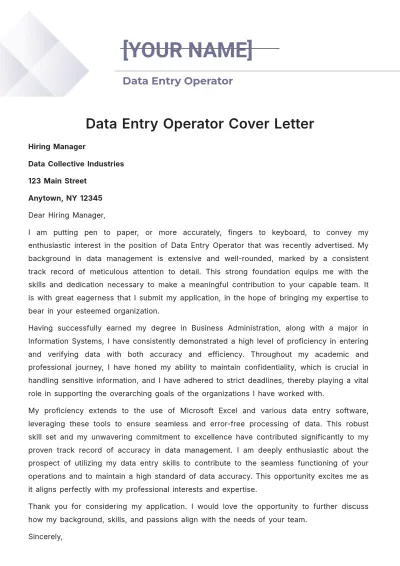 Free Data Entry Operator Cover Letter to Edit Online