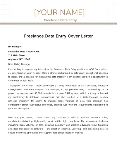 Free Freelance Data Entry Cover Letter to Edit Online