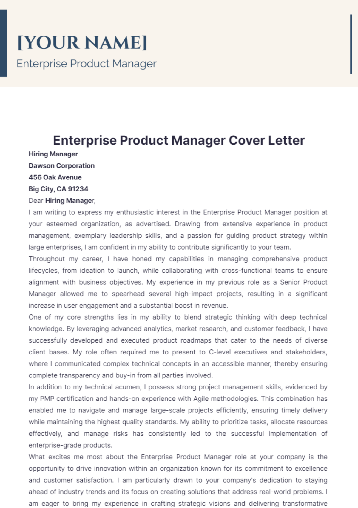 Enterprise Product Manager Cover Letter