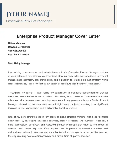 Free Enterprise Product Manager Cover Letter to Edit Online